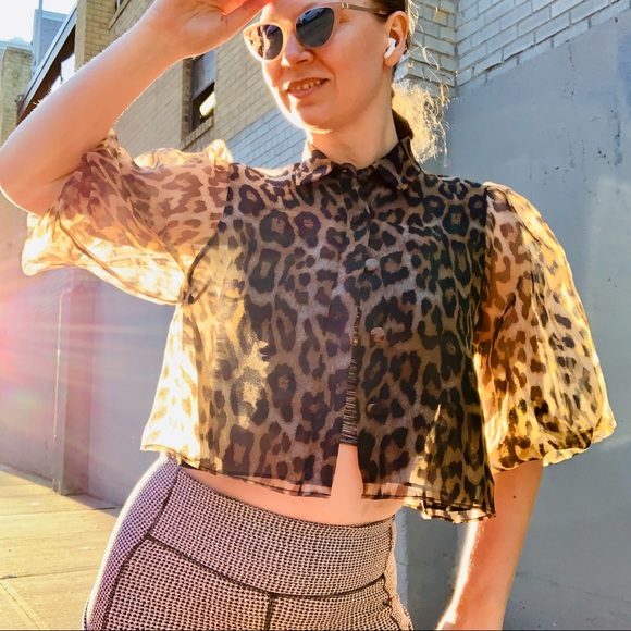 Zara Transparent Leopard Puff Sleeve Crop Blouse - Picture 9 of 16